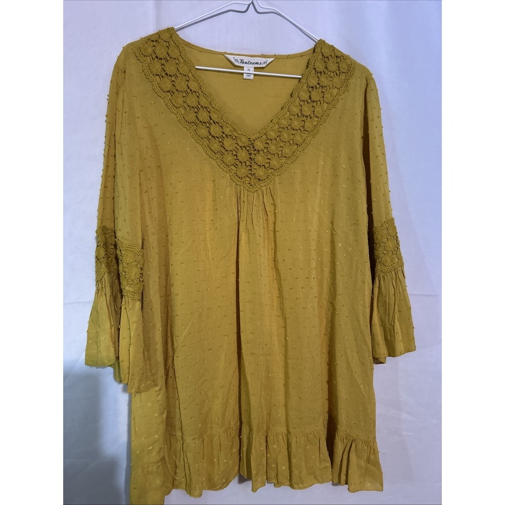 Tantrums Women's Embroidered Mustard Yellow V-neck Pullover Size XL
